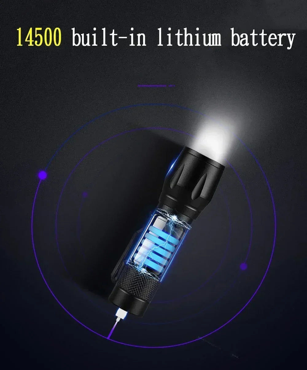 Linterna Táctica LED Recargable USB con Zoom — Alta Potencia y Larga Distancia