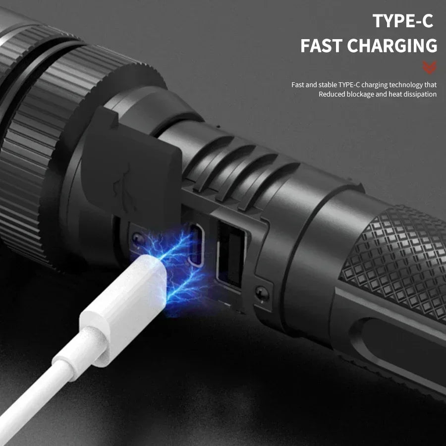 Linterna Táctica LED Recargable USB con Zoom — Alta Potencia y Larga Distancia
