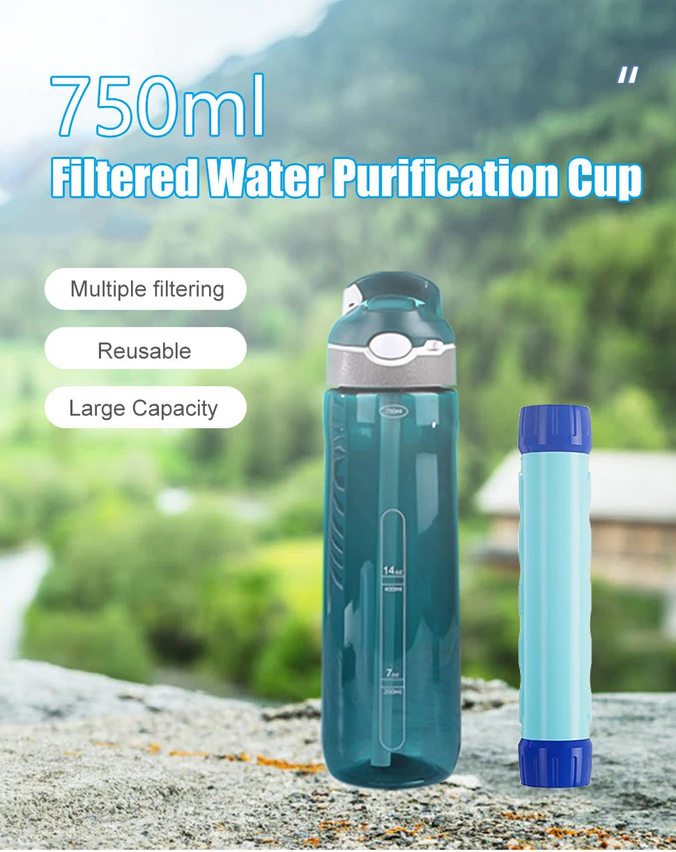 Botella Filtrante de Agua Potable 750ml — Purificador Portátil de Emergencia y Outdoor
