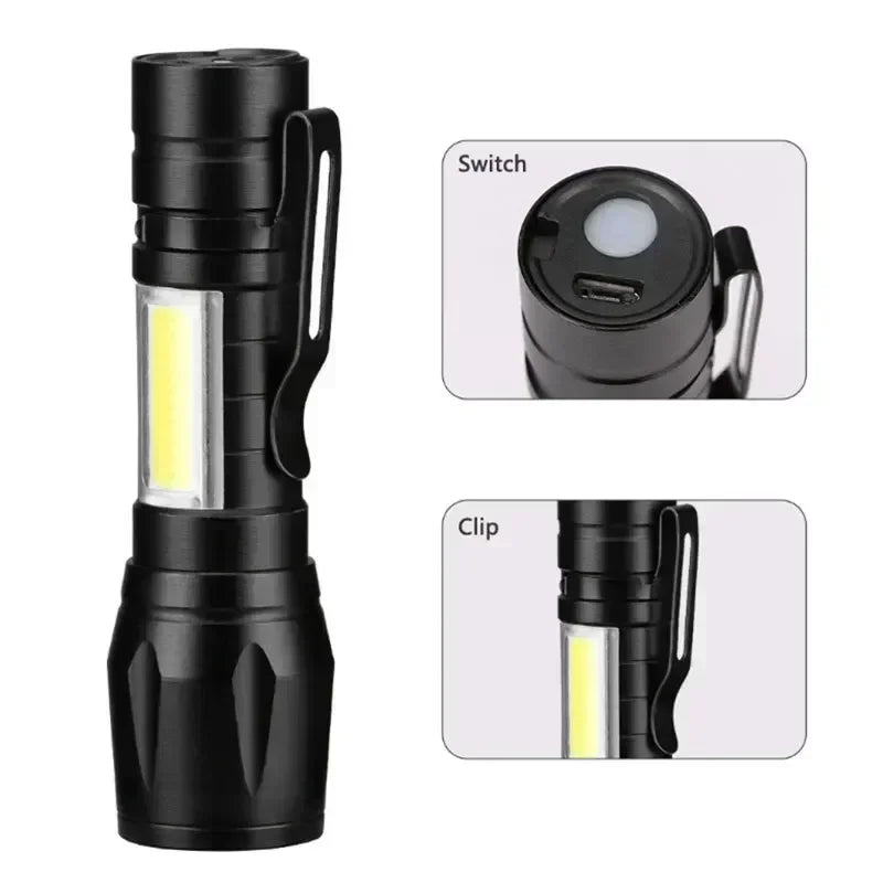 Linterna Táctica LED Recargable USB con Zoom — Alta Potencia y Larga Distancia