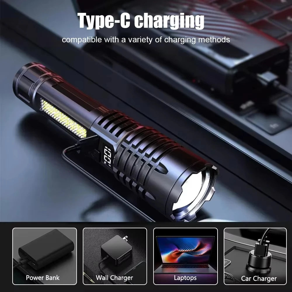 Linterna Táctica LED Recargable USB con Zoom — Alta Potencia y Larga Distancia