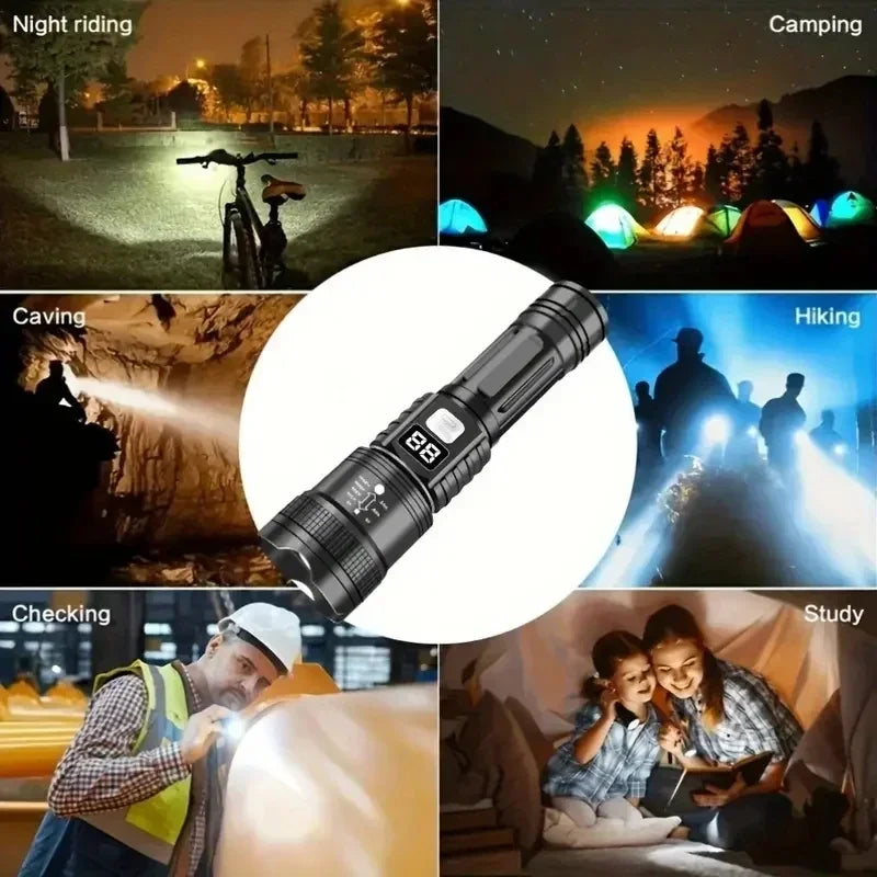 Linterna Táctica LED Recargable USB con Zoom — Alta Potencia y Larga Distancia