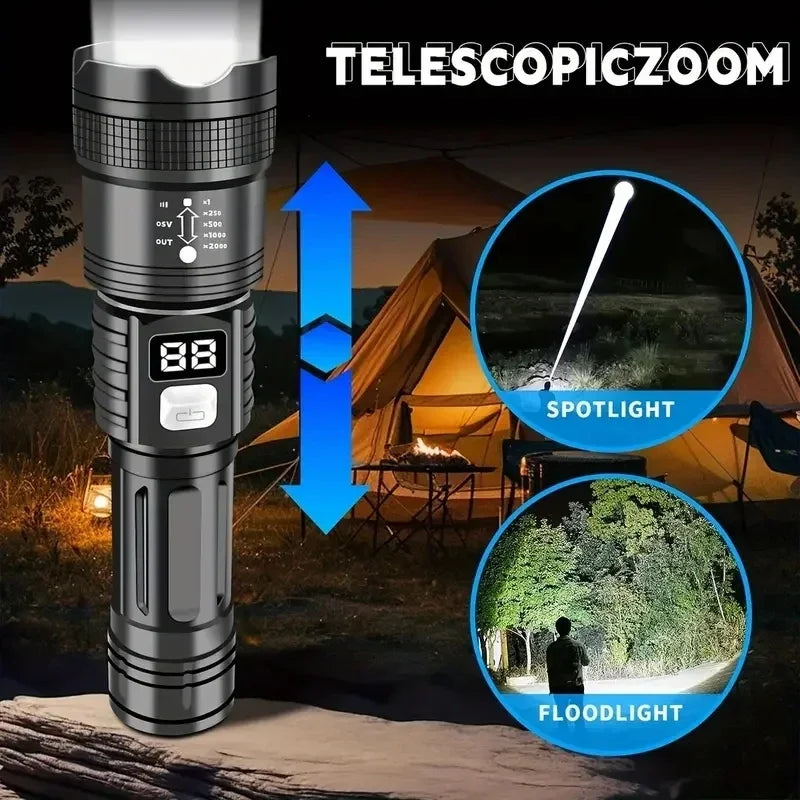 Linterna Táctica LED Recargable USB con Zoom — Alta Potencia y Larga Distancia