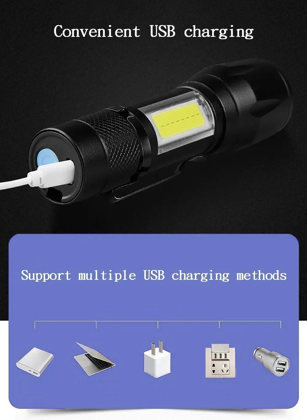 Linterna Táctica LED Recargable USB con Zoom — Alta Potencia y Larga Distancia