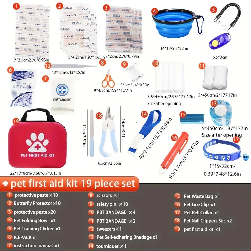Kit Botiquín Completo de Primeros Auxilios para Mascotas — 19 Piezas con Cuenco Plegable y Accesorios