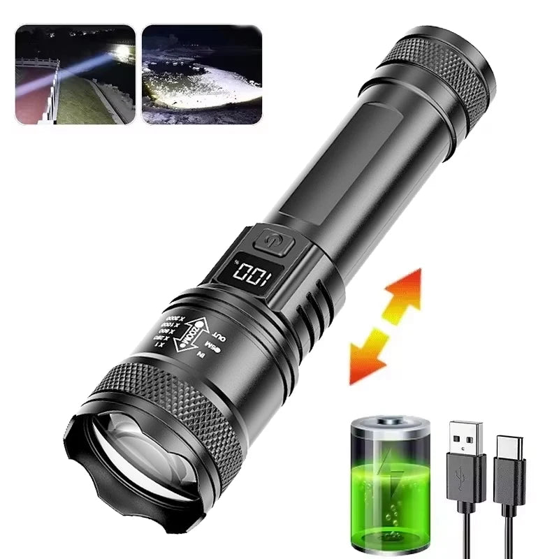 Linterna Táctica LED Recargable USB con Zoom — Alta Potencia y Larga Distancia