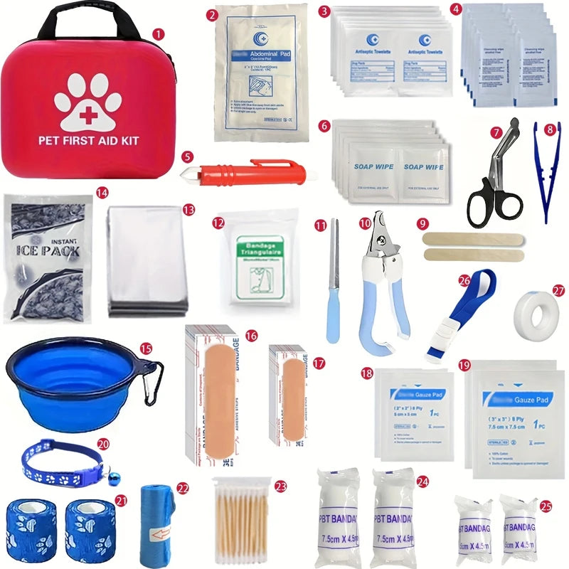 Kit Botiquín Completo de Primeros Auxilios para Mascotas — 19 Piezas con Cuenco Plegable y Accesorios