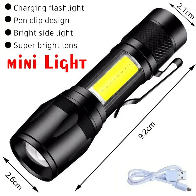 Linterna Táctica LED Recargable USB con Zoom — Alta Potencia y Larga Distancia