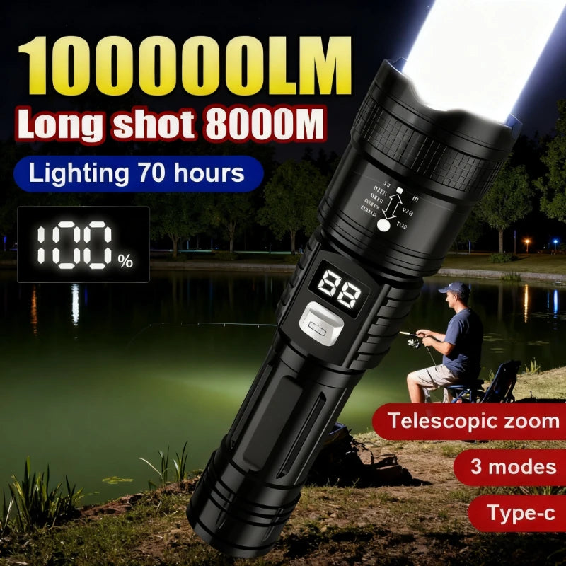 Linterna Táctica LED Recargable USB con Zoom — Alta Potencia y Larga Distancia