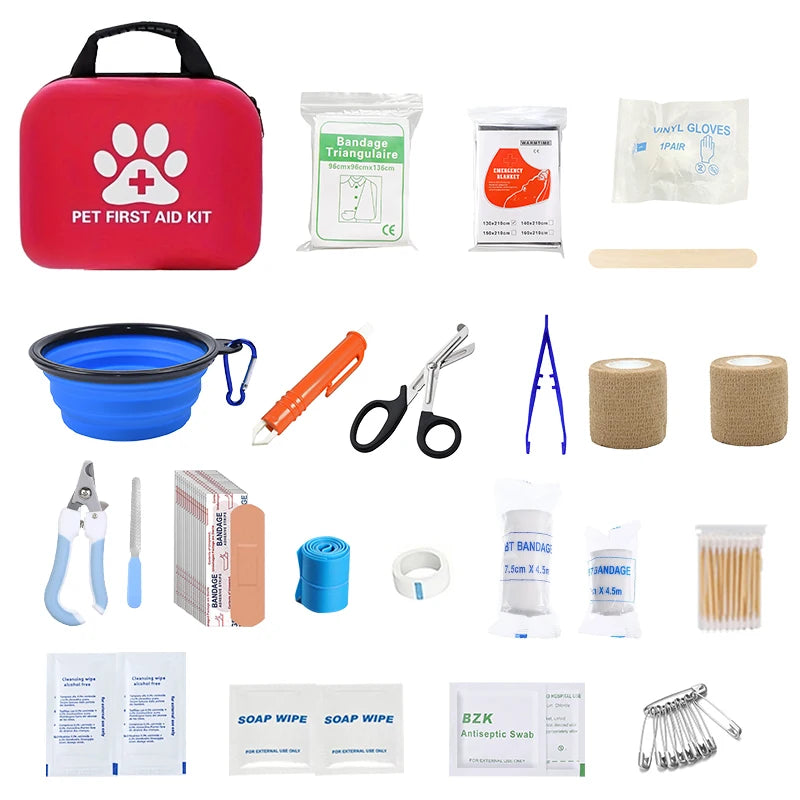 Kit Botiquín Completo de Primeros Auxilios para Mascotas — 19 Piezas con Cuenco Plegable y Accesorios