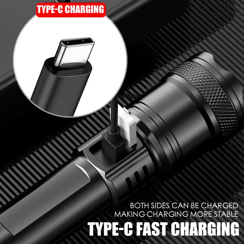 Linterna Táctica LED Recargable USB con Zoom — Alta Potencia y Larga Distancia