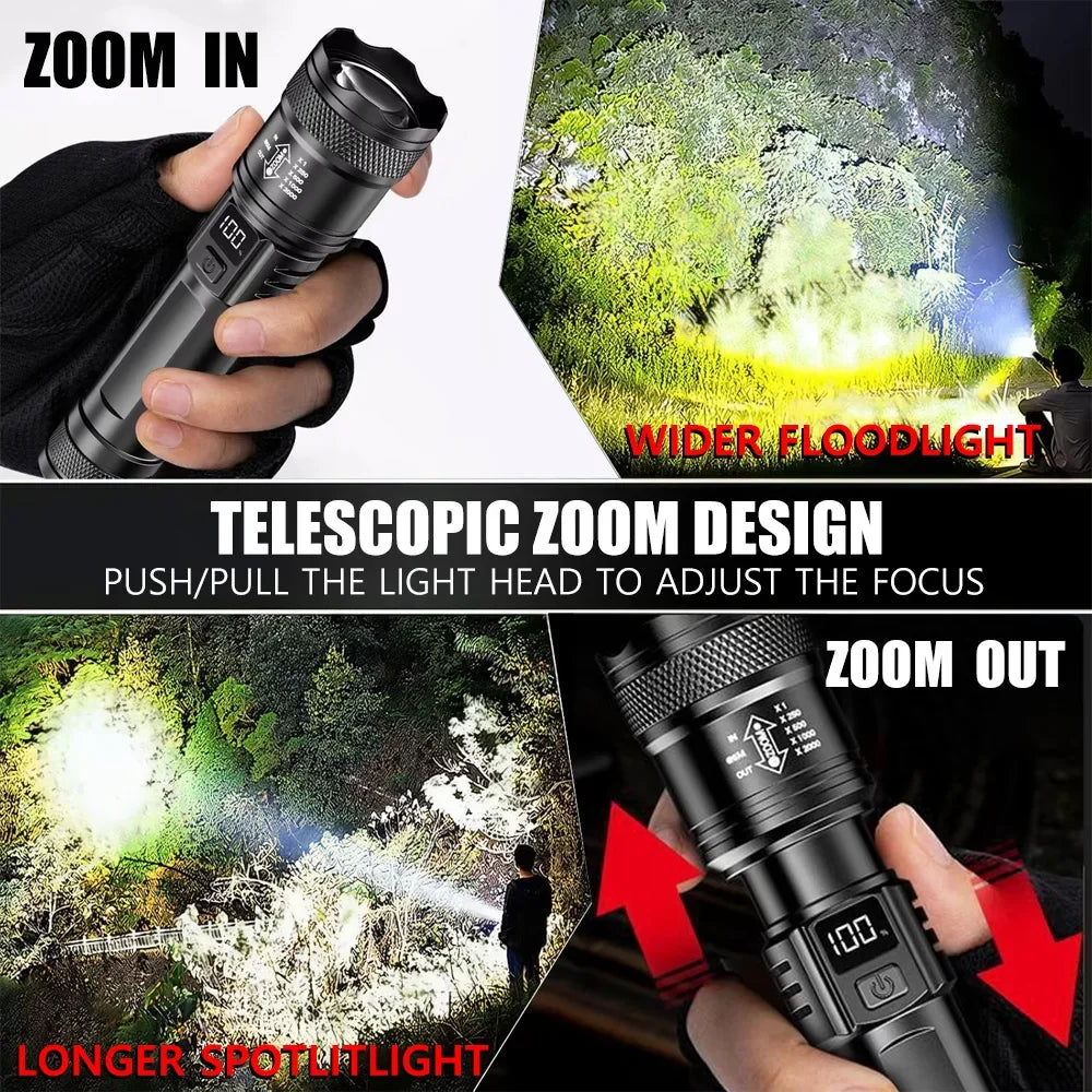 Linterna Táctica LED Recargable USB con Zoom — Alta Potencia y Larga Distancia
