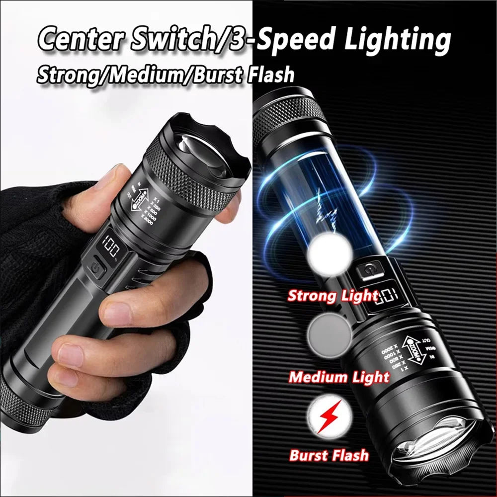 Linterna Táctica LED Recargable USB con Zoom — Alta Potencia y Larga Distancia