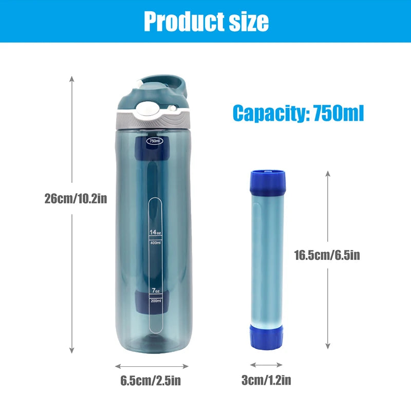 Botella Filtrante de Agua Potable 750ml — Purificador Portátil de Emergencia y Outdoor