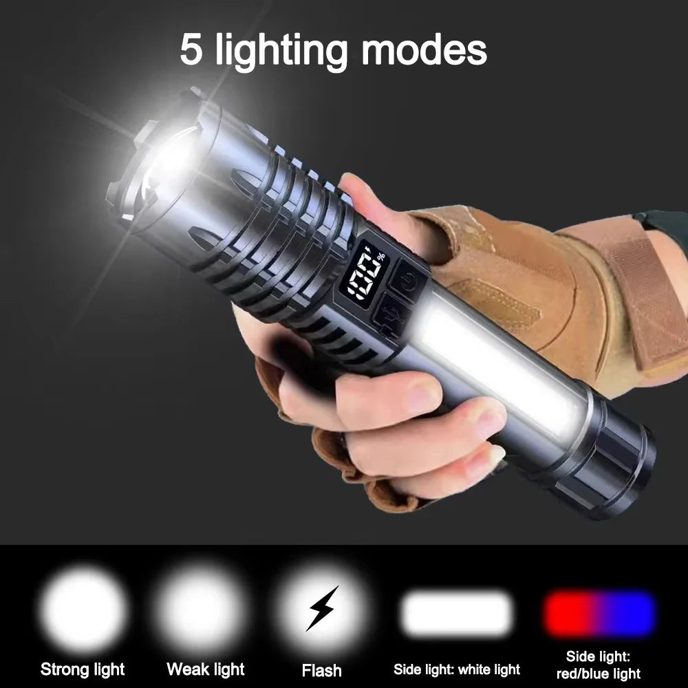 Linterna Táctica LED Recargable USB con Zoom — Alta Potencia y Larga Distancia