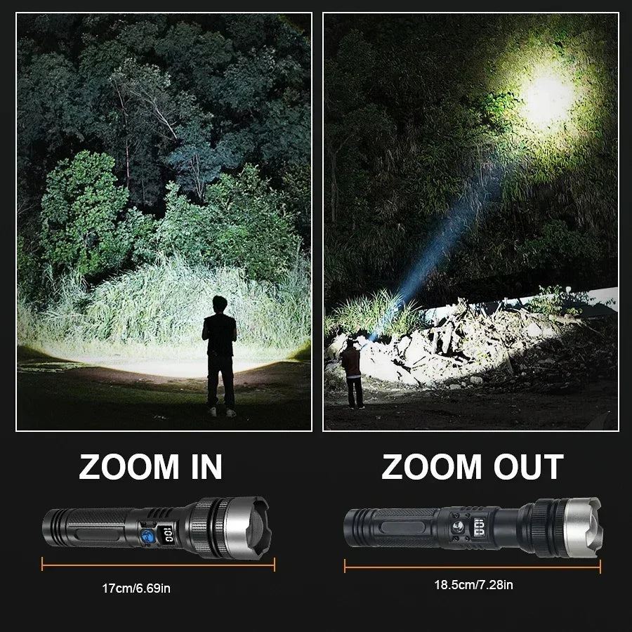 Linterna Táctica LED Recargable USB con Zoom — Alta Potencia y Larga Distancia